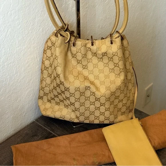 💎GUCCI SUPER VINTAGE MONOGRAM CANVAS/LEATHER BUCKET BAG/AUTHENTIC💎